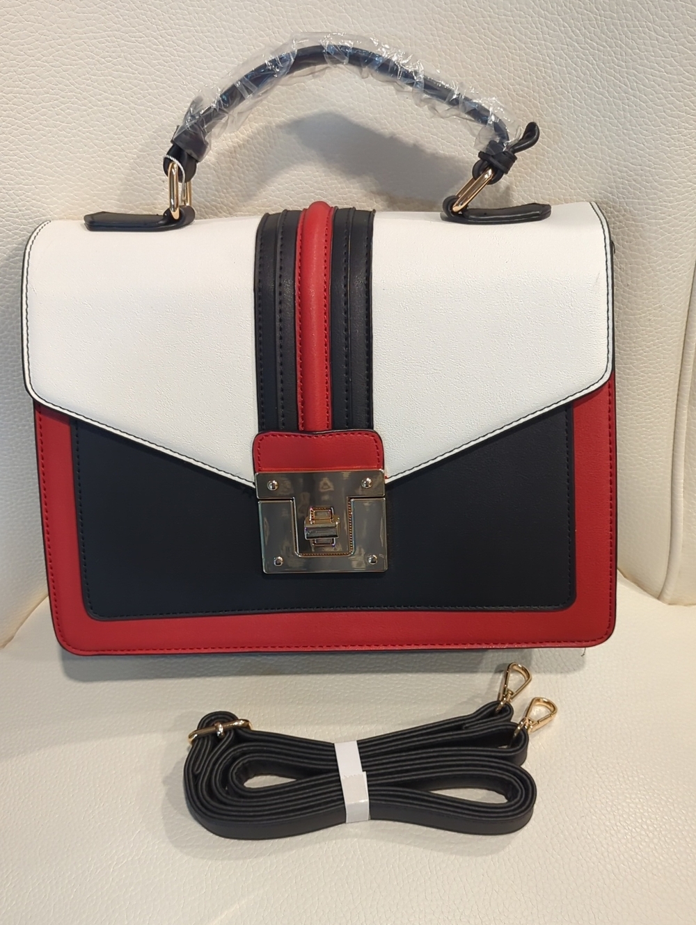 Colorblock Structured Top-Handle Satchel in White, Black & Red